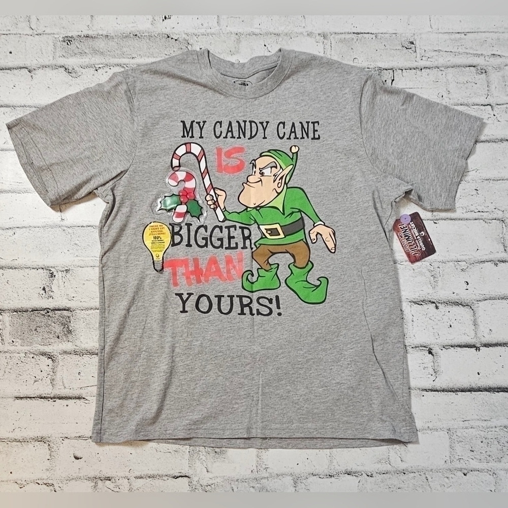 Gurilla Biscuit Mens XL Christmas Elf Light Up Graphic T Shirt Grey NWT